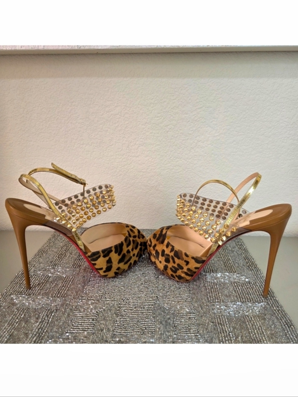 Christian Louboutin Levitagirl 120 Gold Spiked Leather Suede Leopard Heels EU39 - Picture 7 of 16